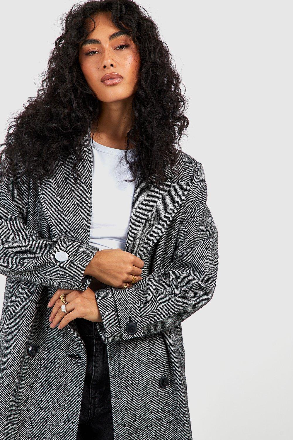 Women's Herringbone Double Breasted Wool Coat | Boohoo UK